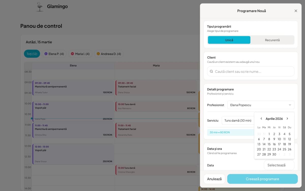 Dialog programare rapidă cu selectare client și serviciu