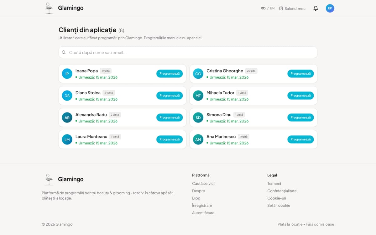 Fișă client cu istoric programări în aplicația de salon